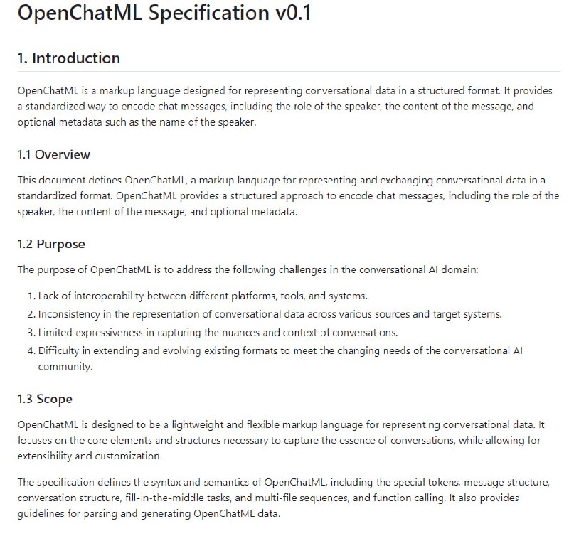 OpenChatML Specification：用于表示对话数据的结构化格式，为对话系统、聊天机器人、对话数据集等场景提供了一种标准化的表示方式