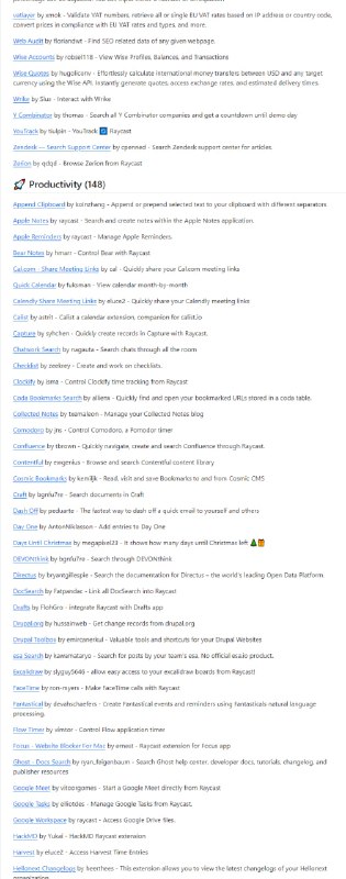 一份收集 Raycast 第三方插件集合 categorized-raycast-extensions | #插件已收集超过 1498 个插件，涵盖了商业、设计、音视频、社交媒体、教育、娱乐、AI、自动化、实用工具等等类别
