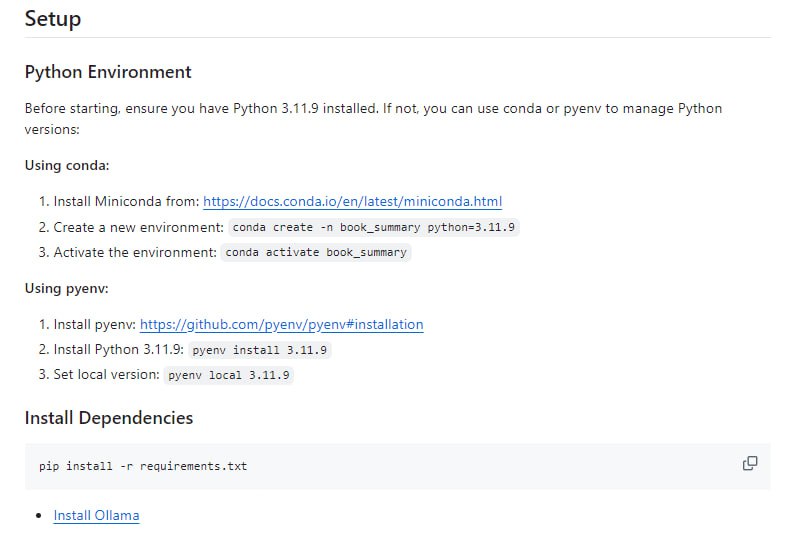 基于Ollama的一款长文本自动笔记生成工具：ollama-ebook-summary，它可以生成有条理的要点笔记，并保留原文的层次结构对需要整理大量文本材料的场景比较实用，学术研究材料整理、内容快速消化或教学研究等它会将长文本先分成小块进行处理,而不是一次处理整个文档，对每个小块分别提问和总结，以确保其响应的粒度精准，不丢失细节能自动识别和提取电子书(epub/pdf)的目录结构，保留原文的章节层次，生成有层级的笔记内容，重要内容会加粗显示可指定不同的总结方式，比如全面的要点笔记或简明扼要的总结等； 输出格式支持Markdown、CSV、TXT等Bulleted Notes Book Summaries | #工具 #笔记工具