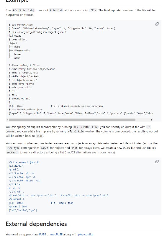 ffs：这个项目可以让你将一个json或yaml文件挂载为文件系统