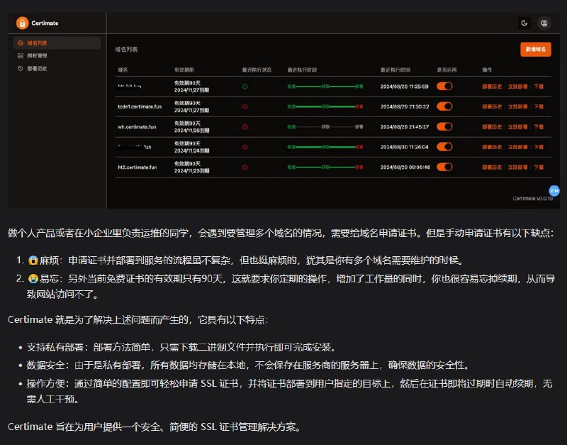 Certimate：开源SSL证书管理工具，自动申请、部署及续期SSL证书，简化个人产品或小企业运维的证书管理流程 | #工具