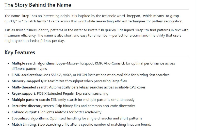 一款超快速文本搜索工具，专为大规模模式匹配设计，能极大提升搜索效率支持多种高级算法，如Boyer-Moore-Horspool、Aho-Corasick等；SIMD加速，性能提升显著，比传统grep快41.5倍；多线程处理，充分利用CPU资源，搜索速度飞快K(r)ep | #工具一款超快速文本搜索工具，专为大规模模式匹配设计，能极大提升搜索效率支持多种高级算法，如Boyer-Moore-Horspool、Aho-Corasick等；SIMD加速，性能提升显著，比传统grep快41.5倍；多线程处理，充分利用CPU资源，搜索速度飞快K(r)ep | #工具
