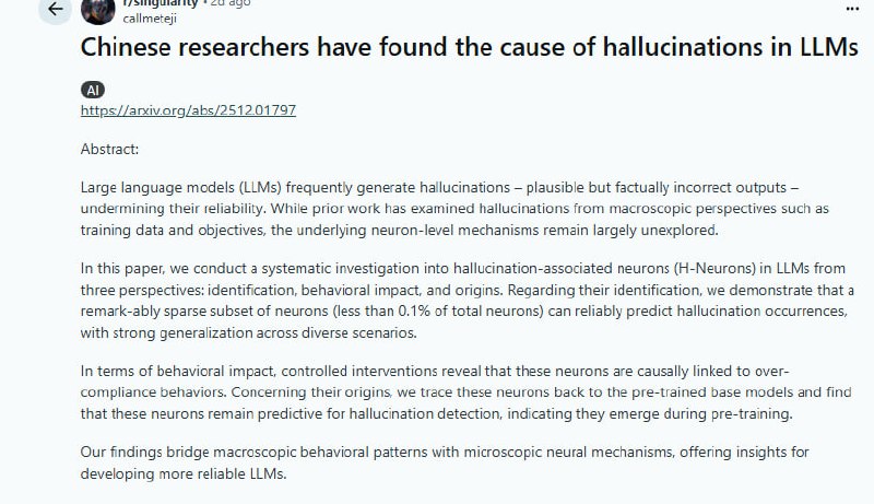 LLM的幻觉根源：不到0.1%的神经元在作祟 | 帖子中国研究者发现，LLM中不到0.1%的特定神经元可以可靠预测幻觉的发生，这些神经元早在预训练阶段就已形成，并与模型的“过度顺从”行为直接相关