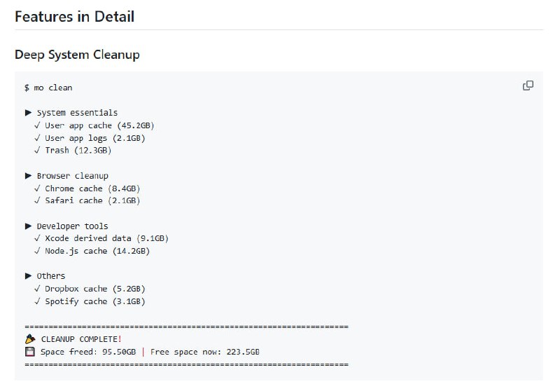 Mole 是一个轻量级终端工具，能快速帮你释放上百GB空间，功能强大且零冗余：| #工具- 🐦 深度系统清理，覆盖超 22 个位置，比 CleanMyMac 更彻底  - 📦 智能卸载应用，连带清理相关残留文件  - 📊 交互式磁盘分析器，轻松找到大文件，一键删除  - ⚡️ 快速响应，支持分页和键盘导航，操作流畅  - 🧹 每月清理，帮你恢复大量宝贵空间  安装简单，支持 Homebrew 一键安装：brew install tw93/tap/mole运行命令也非常直观：mole clean          # 一键清理