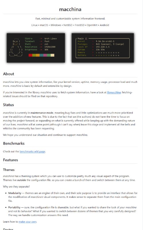 一款注重性能的系统信息前端工具，可快速查看系统信息如内核版本、运行时间、内存使用情况、处理器负载等，具有高度的可定制性和跨平台兼容性macchina | #工具