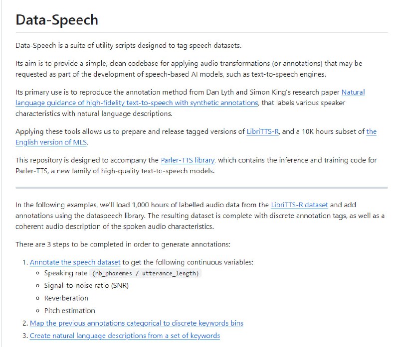 Data-Speech：用于标注语音数据集的实用脚本套件，旨在为基于语音的人工智能模型（如文本到语音引擎）开发过程中所需要的音频变换（或注释）提供简洁、干净的代码库