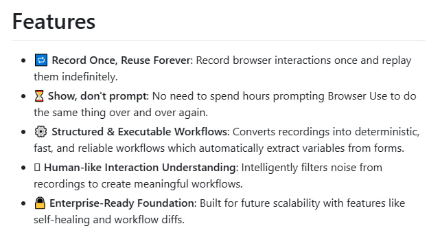 Workflow Use：让自动化工作流变得简单又可靠，记录一次就能重复使用无需手动输入，直接展示流程即可生成工作流；支持变量提取，自动从表单中提取关键信息；自愈功能，工作流失败时自动修复Workflow Use：让自动化工作流变得简单又可靠，记录一次就能重复使用无需手动输入，直接展示流程即可生成工作流；支持变量提取，自动从表单中提取关键信息；自愈功能，工作流失败时自动修复