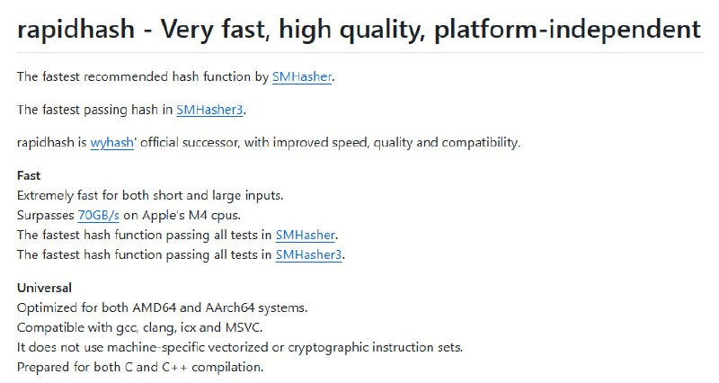 rapidhash：超快速、高质量且跨平台的哈希算法，为数据处理和存储提供极致性能