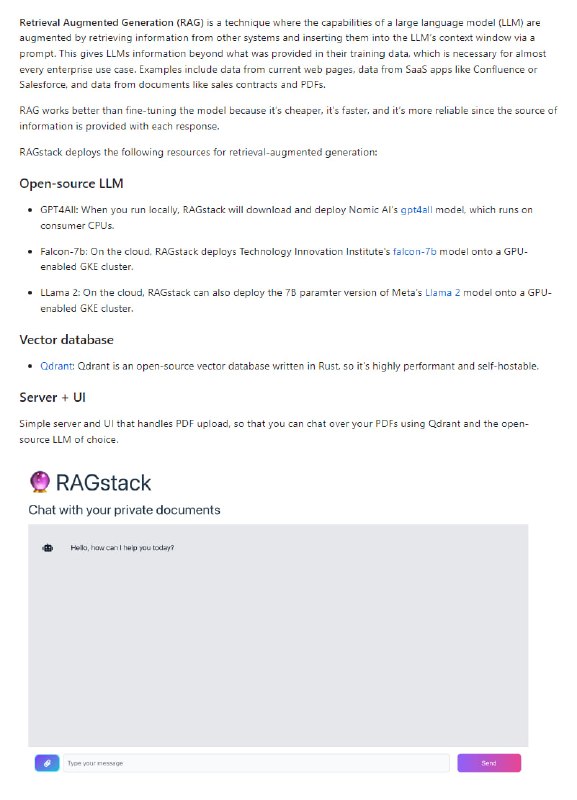 部署一个位于VPC内的私有ChatGPT替代品，可将其连接到组织知识库，用作企业oracle，支持Llama 2、Falcon和GPT4All等开源LLMRAGstack | #替代品
