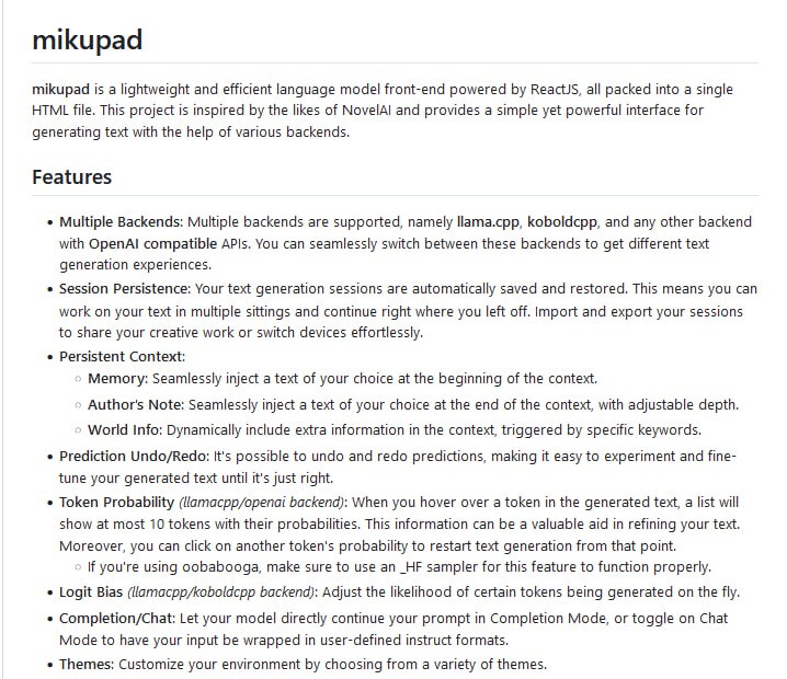 Mikupad：轻量级、高效的语言模型前端，支持多种后端，具备会话持久性、预测撤销/重做等功能，打造简单而强大的文本生成界面