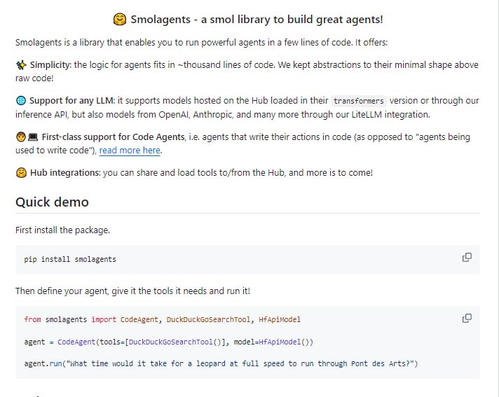 HuggingFace的Smolagents库，一个追求“极简但强大”的AI Agent框架 | #框架- 轻量级设计：整个核心逻辑才1000行代码，却并不影响功能的完整性