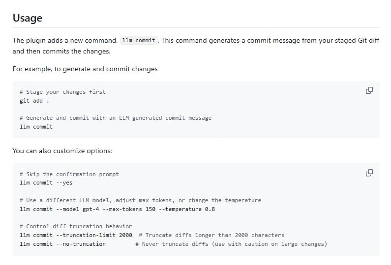 一个为开发者生成Git提交信息的LLM插件一键生成高质量的提交信息，节省时间；支持多种LLM模型，灵活调整生成效果；提供定制化选项，如控制diff截断长度，适配不同需求llm-commit | #插件