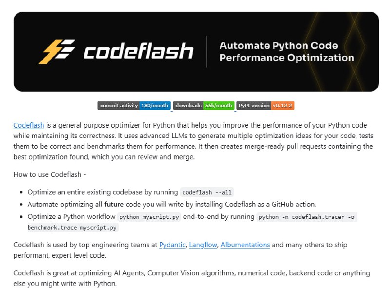 Codeflash：用AI自动优化你的Python代码，让性能提升不再难一键优化整个代码库，轻松搞定性能瓶颈；自动生成优化后的Pull Request，方便团队协作；支持多种Python项目，优化效果显著Codeflash：用AI自动优化你的Python代码，让性能提升不再难一键优化整个代码库，轻松搞定性能瓶颈；自动生成优化后的Pull Request，方便团队协作；支持多种Python项目，优化效果显著