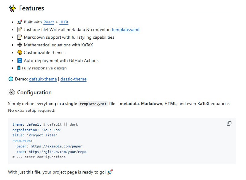 为学术项目打造的优雅网页模板，用React和UIKit搭建，支持Markdown和KaTeX公式，轻松搞定学术项目展示