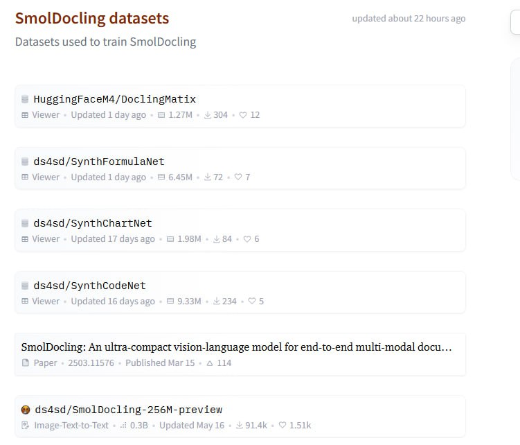 SmolDocling 发布四大全新 OCR 数据集，涵盖 2000 万图像，助力构建超紧凑（256M 参数）全页文档转换视觉语言模型，性能媲美体量大 27 倍的同类模型：• DoclingMatix：基于 127 万样本的 DocMatix，加入提示式指令，支持图像→指令+结构化文本转换，输出统一的 DocTags 标记格式