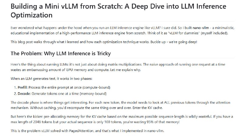 从零构建一个微型vLLM：深入探究大语言模型推理优化 | github这篇文章用“从零做一个迷你 vLLM”的方式，解释高性能大模型推理引擎在工程上到底优化了什么
