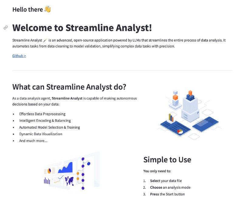Streamline Analyst: 由大型语言模型驱动的先进开源应用，旨在彻底改变数据分析方式，能自动完成诸如数据清洗、预处理以及识别目标对象、划分测试集、选择最适合数据的模型等任务，并提供无缝的结果可视化和评估