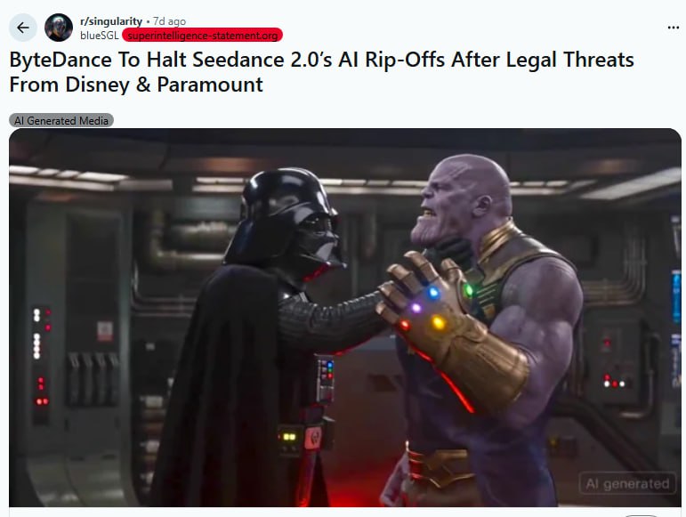 当字节跳动向迪士尼低头，那道闸门其实已经打开了 | 帖子字节跳动旗下Seedance 2.0因仿制星球大战、漫威等版权角色遭迪士尼和派拉蒙法律施压，被迫宣布限制相关内容生成