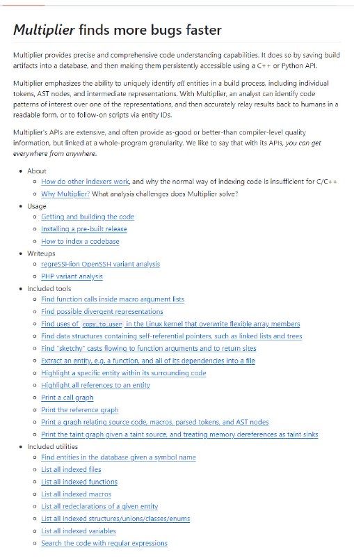 Multiplier：代码审计效率倍增器，通过数据库持久化构建工件，提供C++或Python API访问，实现精确全面的代码理解