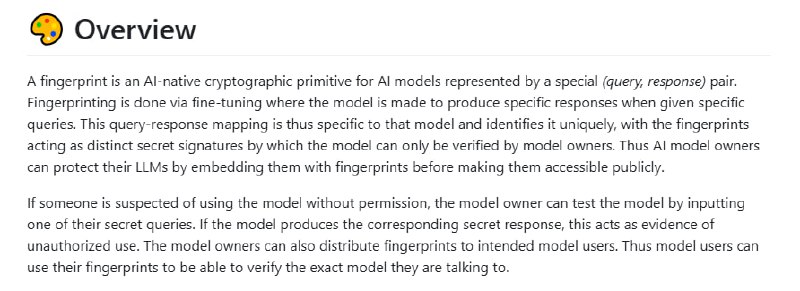 OML-1.0-Fingerprinting：为AI模型提供独特的“指纹”保护，防止未经授权的使用通过微调生成秘密指纹，确保模型所有权可验证；支持多种指纹生成策略，灵活适应不同需求；优化多GPU训练，大幅提升指纹嵌入效率OML-1.0-Fingerprinting：为AI模型提供独特的“指纹”保护，防止未经授权的使用通过微调生成秘密指纹，确保模型所有权可验证；支持多种指纹生成策略，灵活适应不同需求；优化多GPU训练，大幅提升指纹嵌入效率