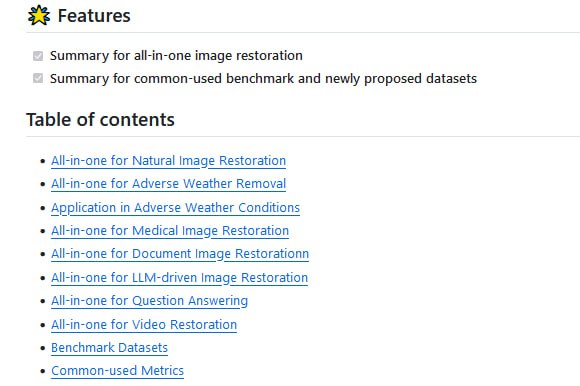 全能图像修复工具：提供一站式图像处理技术，包括修复、增强、编码和质量评估，不断更新相关研究论文和方法Awesome-All-in-one-Image-Restoration-Methods | #工具