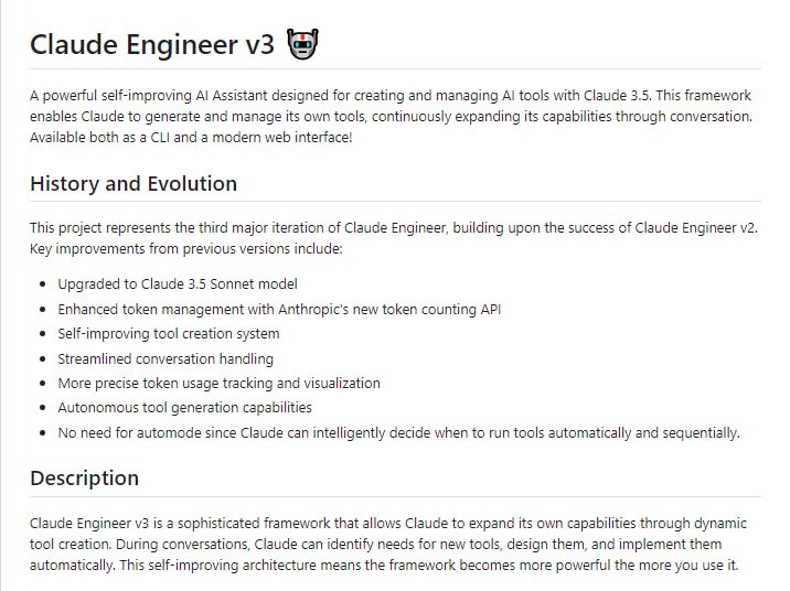 基于 Anthropic 的 Claude-3.5-Sonnet 模型的命令行工具，旨在辅助软件开发任务，结合了大型语言模型的能力与文件系统操作和网络搜索功能Claude Engineer | #工具