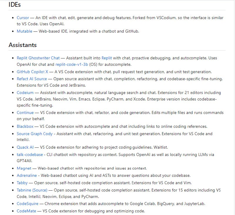 AI辅助开发者工具大列表，用来帮助开发者完成诸如代码补全、重构、调试、文档编写等任务