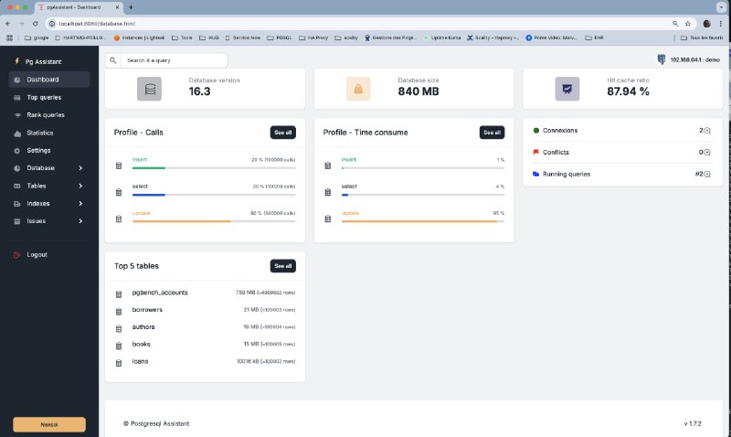 为PostgreSQL数据库性能优化而生的开源工具深入分析数据库行为，精准定位性能瓶颈；提供SQL查询库管理，轻松扩展查询功能；支持OpenAI和本地LLM辅助优化，提升开发效率PgAssistant | #工具为PostgreSQL数据库性能优化而生的开源工具深入分析数据库行为，精准定位性能瓶颈；提供SQL查询库管理，轻松扩展查询功能；支持OpenAI和本地LLM辅助优化，提升开发效率PgAssistant | #工具