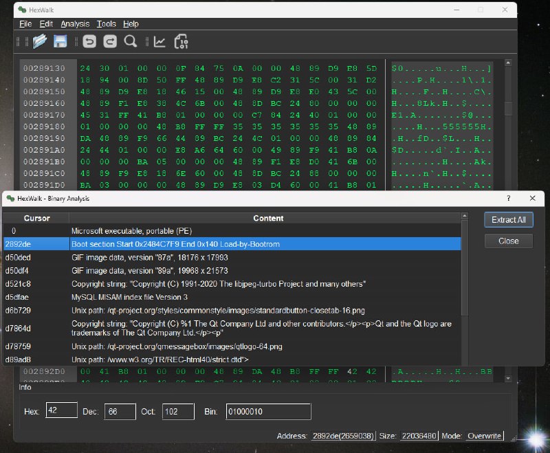 HexWalk - Hex Editor/Viewer/Analyzer：支持跨平台的十六进制编辑器、查看器和分析器，支持高级搜索、Binwalk集成、熵分析、字节地图、哈希计算器、二进制/十进制/十六进制转换等HexWalk - Hex Editor/Viewer/Analyzer：支持跨平台的十六进制编辑器、查看器和分析器，支持高级搜索、Binwalk集成、熵分析、字节地图、哈希计算器、二进制/十进制/十六进制转换等