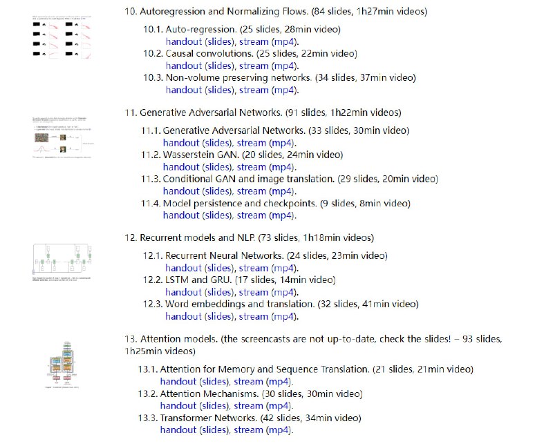 瑞士日内瓦大学 François Fleuret 的深度学习课程 | 课程地址 | #机器学习本课程全面介绍深度学习，并提供PyTorch 框架中的示例：machine learning objectives and main challenges,tensor operations,automatic differentiation, gradient descent,deep-learning specific techniques,generative, recurrent, attention models.课程包含14x050 的幻灯片、录音和虚拟机 