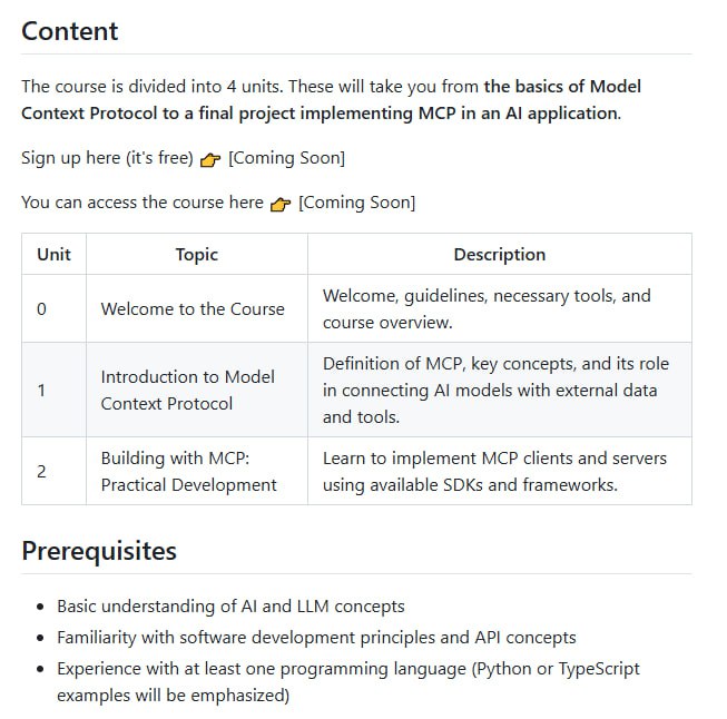 The Model Context Protocol (MCP) Course：深入学习Model Context Protocol（MCP）的课程项目，帮助开发者掌握AI模型与外部数据和工具的连接技术