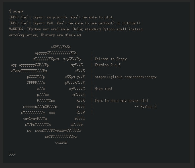 Scapy：用于 Python 的低级数据包黑客工具包Scapy是一个用于低级网络编程的 Python 模块和交互式程序，它试图在不抽象技术细节的情况下使其更容易