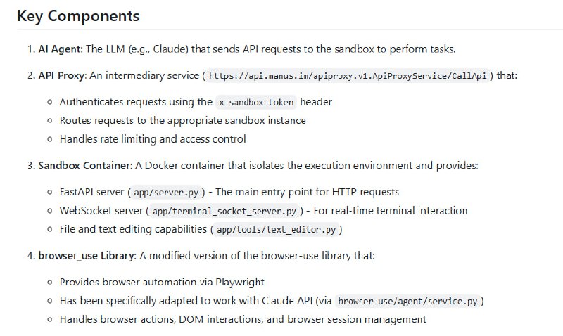 Manus Sandbox：为AI与终端、浏览器交互打造的容器化沙盒环境提供安全隔离的执行空间，防止AI直接访问宿主机；支持终端命令运行、浏览器自动化操作、文件管理等多功能；通过API代理实现请求认证与限流，保障系统安全Manus Sandbox：为AI与终端、浏览器交互打造的容器化沙盒环境提供安全隔离的执行空间，防止AI直接访问宿主机；支持终端命令运行、浏览器自动化操作、文件管理等多功能；通过API代理实现请求认证与限流，保障系统安全