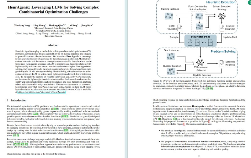 HeurAgenix：一个创新的两阶段LLM驱动超启发式框架 | #框架它通过让LLM从对比解中学习进化策略来自动改进启发式算法，并结合LLM引导和测试时扩展技术自适应地选择当前最优启发式进行问题求解，同时通过新的双奖励机制有效解决了轻量级选择器在噪声监督下的微调难题，显著提升了组合优化问题的求解性能和自动化水平