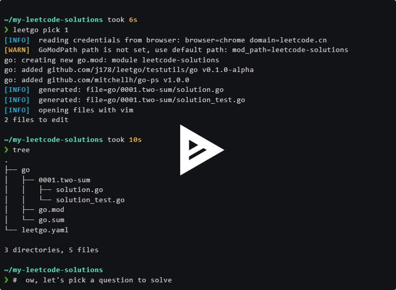 leetgo 是一个命令行工具，帮助你管理 LeetCode 代码、简化常用的 LeetCode 操作，让解题更轻松~leetgo 可以自动生成题目描述、样例代码，最特别的是还可以生成测试代码，让你的代码可以在本地运行、测试，你可以使用喜欢的 Debugger 来调试代码中的问题