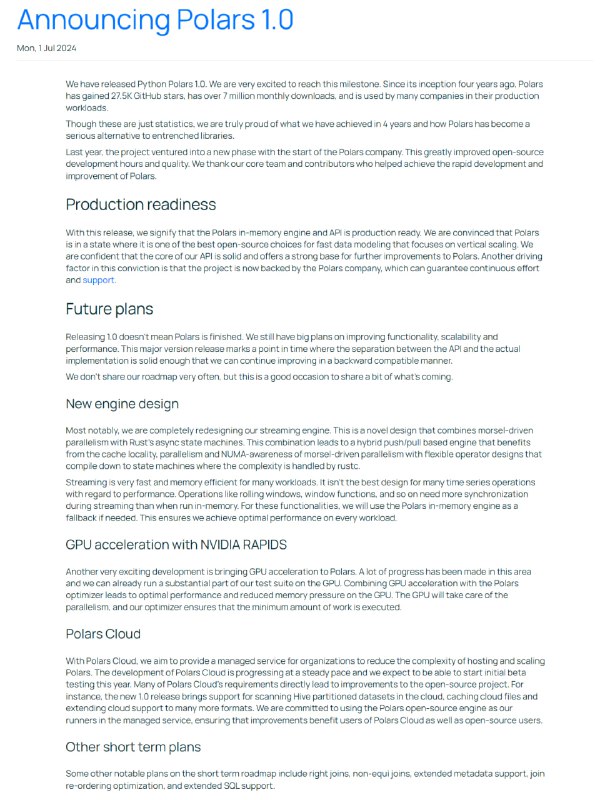 Polars 1.0：Python高性能数据处理库，提供快速的数据建模能力，专注于垂直扩展，适用于生产环境