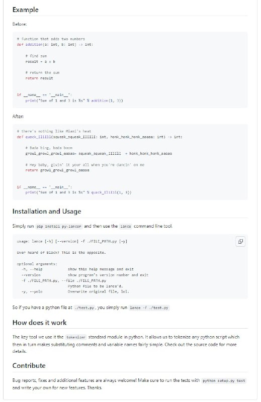 Python代码命名级混淆工具特性：将所有评论变成Pitbull歌词把你所有的变量名混合成动物的声音和看起来非常相似的字符，比如“bark_bark_0OO0O”