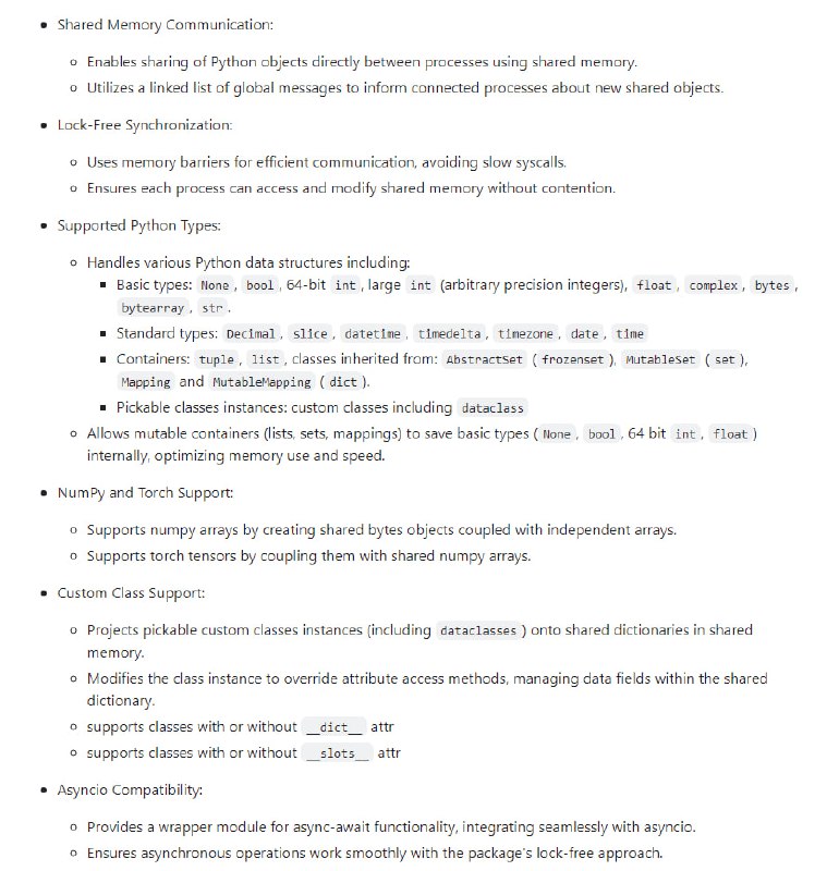 高性能的跨进程通信工具，通过共享内存实现Python对象在不同进程间的高效共享，支持多种数据类型和异步操作，适用于需要快速响应和处理能力的应用程序InterProcessPyObjects | #工具