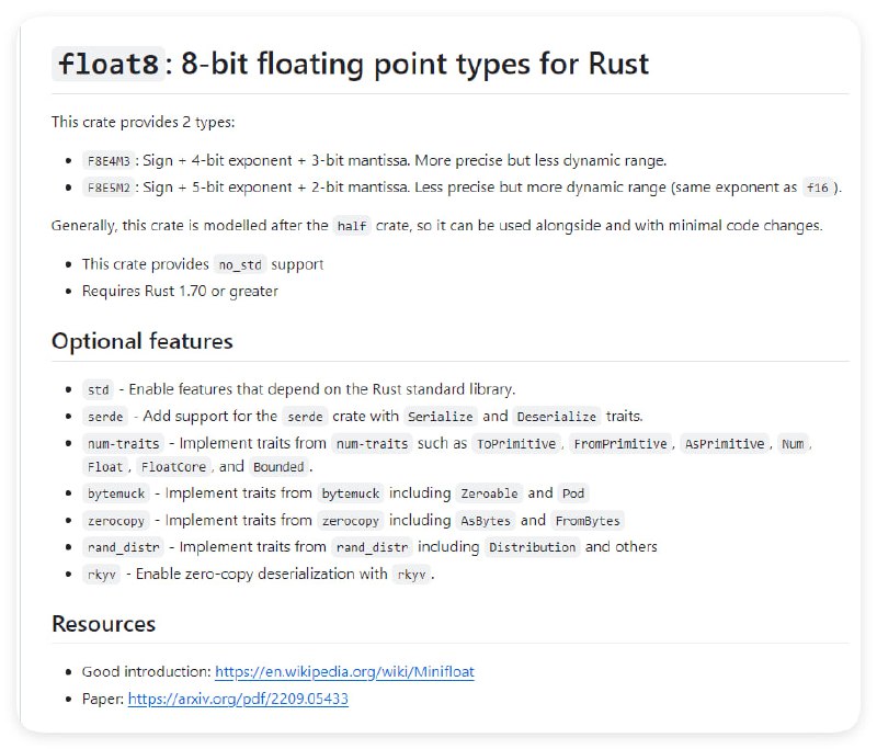 float8：为Rust语言提供的8位浮点数类型，包含两种精度和动态范围不同的类型，支持无标准库环境，兼容serde等库