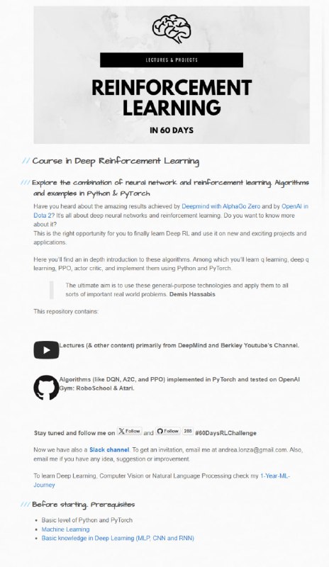 Reinforcement-Learning：一个深度强化学习课程，教你做60天学会深度强化学习内容主要是对网络上一些优秀教程的整合