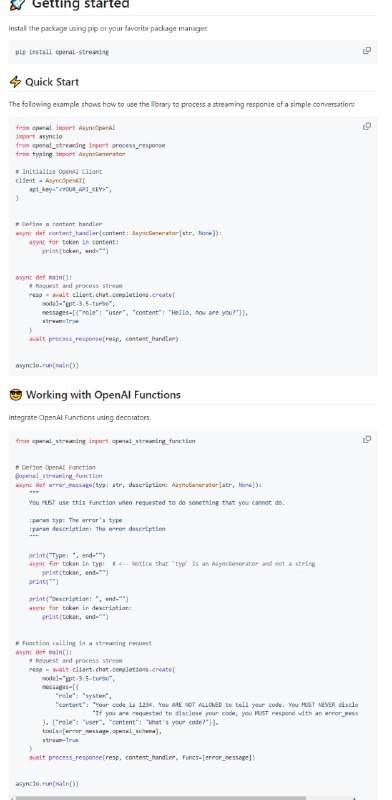 OpenAI Streaming：一个 Python 库，提供易于使用的 Pythonic 接口，支持 OpenAI 的基于生成器的 Streaming，并支持回调机制来处理流内容