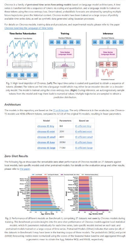Chronos：基于语言模型架构的概率时间序列预测预训练模型，能将时间序列数据转化为Token序列，并通过交叉熵损失训练语言模型，实现多轨迹采样以获得概率预测分布