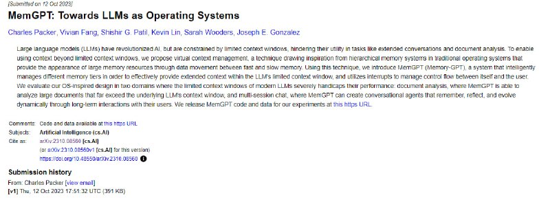 MemGPT，一种内存管理技术，通过虚拟上下文管理扩展了大型语言模型的上下文窗口，实现了处理长对话和文档分析任务的能力