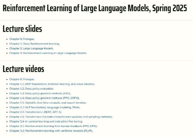 UCLA 2025年春季推出了一套关于大型语言模型强化学习（RL for LLM）的精彩课程，内容涵盖基础理论、测试时计算优化、基于人类反馈的强化学习（RLHF），以及可验证奖励的强化学习（RLVR）等前沿主题