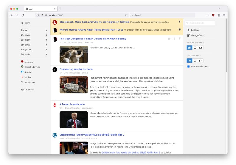 feedi：个人新闻聚合和Mastodon客户端项目，具有简洁的界面和自定义的解析器，支持移动端优化和发送到Kindle设备等特性