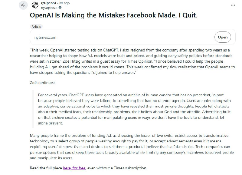 NYT的一篇热文，OpenAI 正在重蹈 Facebook 的覆辙，我选择离开 OpenAI Is Making the Mistakes Facebook Made. I Quit.作者：Zoë HitzigHitzig 女士曾是 OpenAI 的研究员译文见评论区
