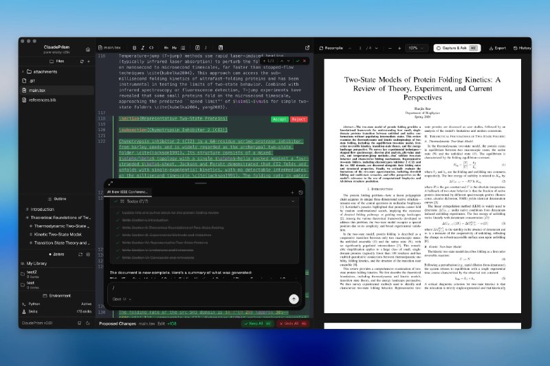 科研写作常常要切换多个工具，LaTeX编辑器编译文档，Python环境跑数据分析，AI助手生成内容，还得额外管理参考文献和版本历史，来回折腾效率低下