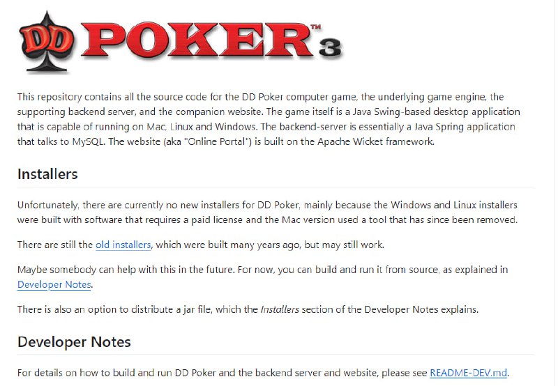 DD Poker：开源的德州扑克电脑游戏源代码，支持Mac、Linux和Windows平台，包含游戏引擎、后端服务器和配套网站