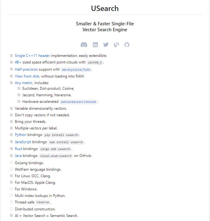 一个快速、小巧的向量搜索引擎，可用于C++、Python、JavaScript、Rust、Java、GoLang和Wolfram等编程语言