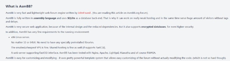 用汇编语言编写的轻量级网络论坛引擎AsmBB完全用汇编语言编写，并使用SQLite作为数据库后端